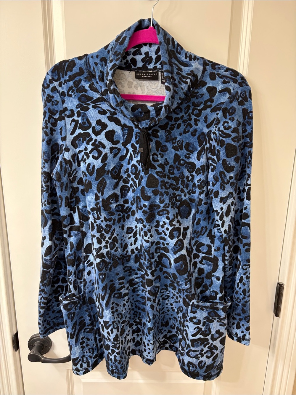 Susan Graver Blue and Black Animal-Print Funnel Neck Tunic